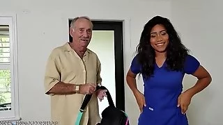 Big-Breasted Ebony Nurse Fucks With A Real Old Man